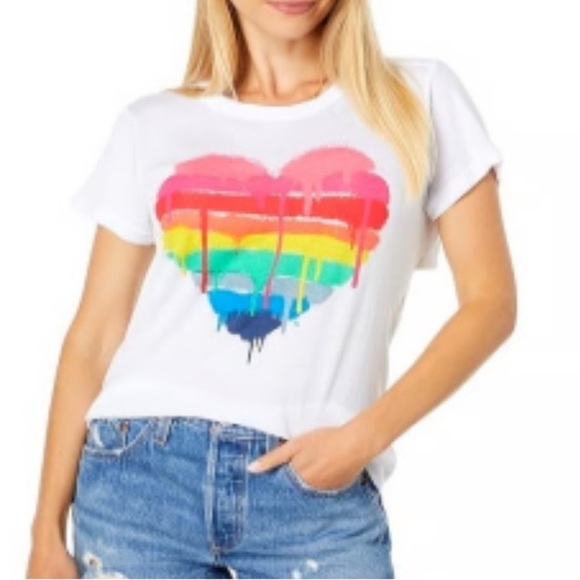 Chaser Drippy Rainbow Heart Bella Jersey Slit Back Graphic Tee Womens Sz S NWOT - Picture 1 of 9